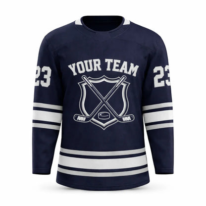 Custom Navy hockey jersey with embroidered FitsFans shield logo and stitched black and white stripes