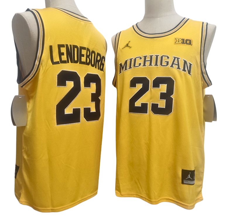 Men's Michigan Wolverines #23 Yaxel Lendeborg White Navy Gold Basketball Jersey All Stitched