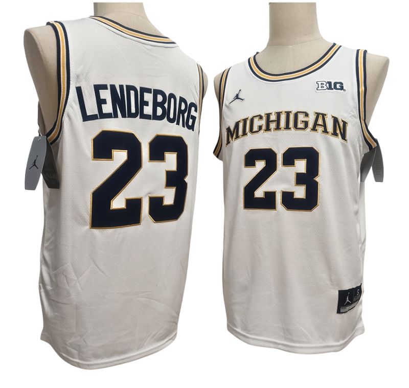 Men's Michigan Wolverines #23 Yaxel Lendeborg White Navy Gold Basketball Jersey All Stitched