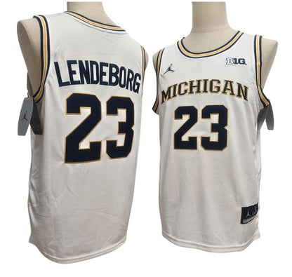 Men's Michigan Wolverines #23 Yaxel Lendeborg White Navy Gold Basketball Jersey All Stitched