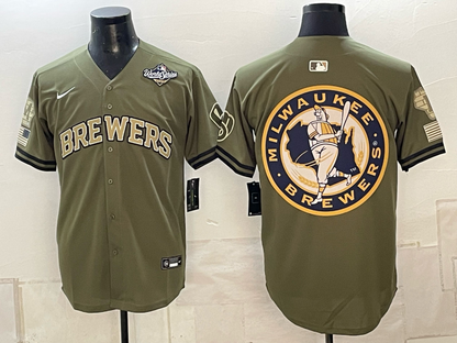 Men's Milwaukee Brewers LOGO 2026 World Series Cream Mineral Blue Powder Blue Navy City Connect Olive Salute to Service Baseball Jersey