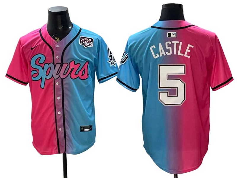 2026 Stephon Castle Dylan Harper De'Aaron Fox Victor Wembanyama San Antonio Spurs USA 250th Anniversary Limited Pink Green Split Baseball Jersey -All Stitched