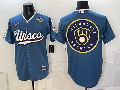 Men's Milwaukee Brewers LOGO 2026 World Series Cream Mineral Blue Powder Blue Navy City Connect Olive Salute to Service Baseball Jersey