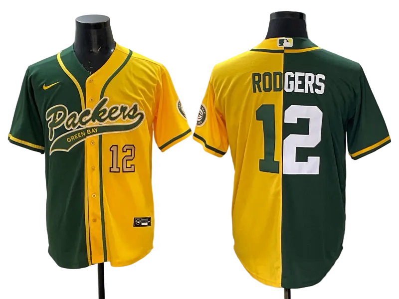 Custom Green Bay Packers #15 Bart Starr Gold Green Split Baseball Jersey -All Stitched