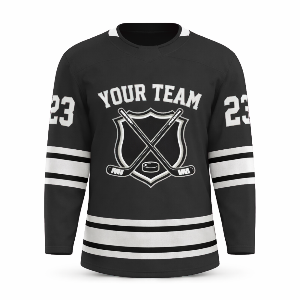 Custom Black hockey jersey with embroidered FitsFans shield logo and stitched black and white stripes
