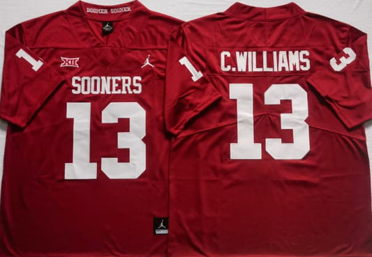 Men's Caleb Williams #13 Oklahoma Sooners Crimson Vapor Red White Football Jersey -All Stitched
