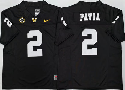 Men's Diego Pavia Black Vapor Jersey #2 White Vanderbilt Commodores-All Stitched