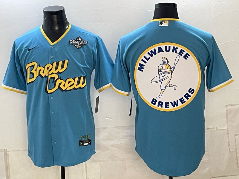 Men's Milwaukee Brewers LOGO 2026 World Series Cream Mineral Blue Powder Blue Navy City Connect Olive Salute to Service Baseball Jersey