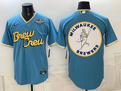 Men's Milwaukee Brewers LOGO 2026 World Series Cream Mineral Blue Powder Blue Navy City Connect Olive Salute to Service Baseball Jersey