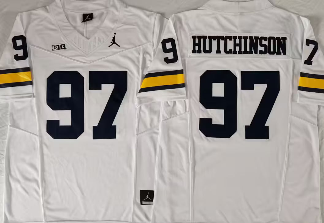 Men's Aidan Hutchinson Vapor Jersey #97 White Gold Navy Michigan Wolverines -All Stitched