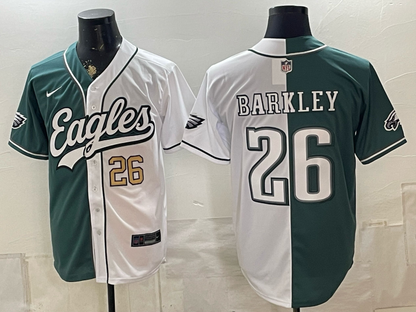 Custom Saquon Barkley Philadelphia Eagles Split White Green Stitched Baseball Jersey -All Stitched