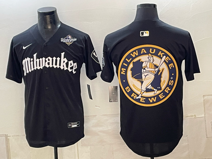 Men's Milwaukee Brewers LOGO 2026 World Series Cream Mineral Blue Powder Blue Navy City Connect Olive Salute to Service Baseball Jersey