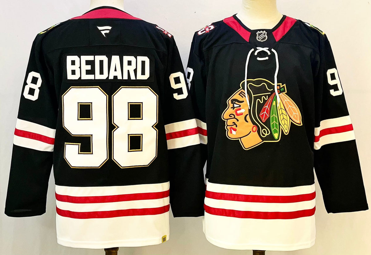 Custom Connor Bedard Red Black Blackhawks Hockey Jersey -All Stitched