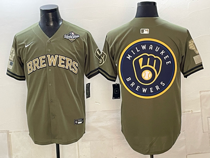 Men's Milwaukee Brewers LOGO 2026 World Series Cream Mineral Blue Powder Blue Navy City Connect Olive Salute to Service Baseball Jersey